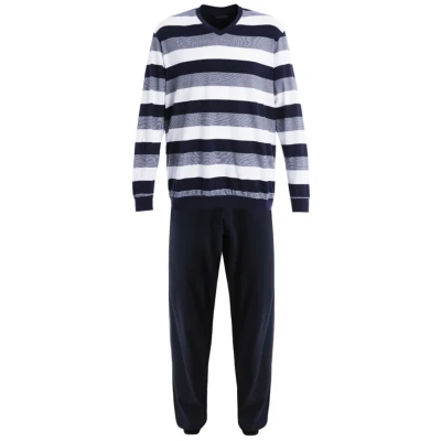 Image of Schiesser Men&#039;s Long Pyjamas with Cuffs Nightwear Set Two Piece, Dark Blue_159623, 62