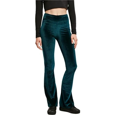 Image of Urban Classics Ladies HIGH Waist Velvet BOOT CUT Leggings Trousers, Women&#039;s, Size: 4XL, Teal