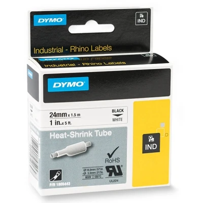 Image of DYMO Rhino Industrial Heat Shrink Cable Labels 24mm x 1.5m Black Writing on White Background Self Adhesive