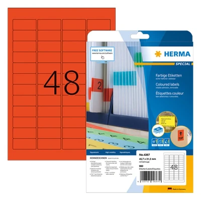 Image of Herma Special 4367 red A4 removable labels, 45.7mm x 21.2mm (960 labels)