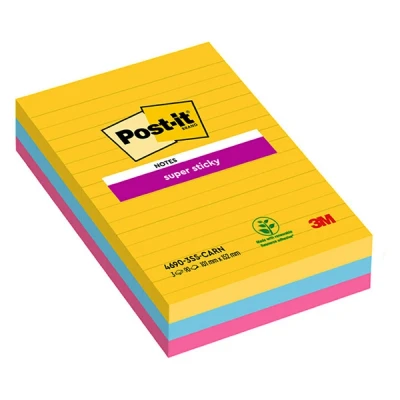 Image of Post it Super Sticky Notes, Carnival Colour Collection, lined, 101 mm x 152 mm, 90 Sheets/Pad, 3 Pads Self stick Notes For Note Taking, To Do Lists &amp; Reminders