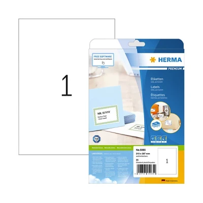 Image of HERMA Self Adhesive Multipurpose Labels, 1 Label per A4 Sheet, 25 Sheets, 210 x 297 mm, Blank Universal Labels Stickers, Sticky for Laser &amp; Inkjet Printer, White