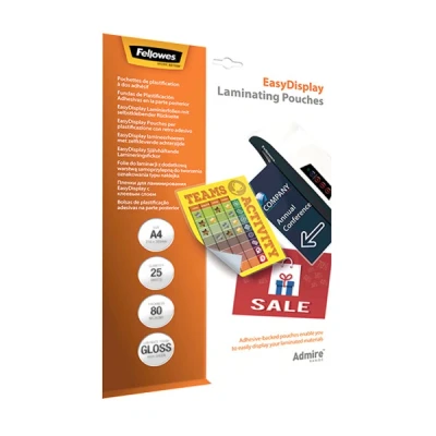 Image of Fellowes A4 Laminating Pouches, Gloss Finish, Adhesive, 25 Sheets, 160 Microns (2 x 80 Micron), High Quality Ideal for Photos and Notices
