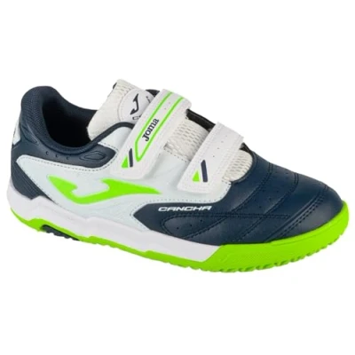 Image of Joma Cancha JR Unisex Indoor football boots for kids, Size: 13K, Black/fluor green Imitation leather/ textile