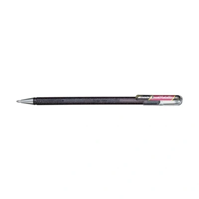 Image of Pentel K110 Dual Hybrid Metallic Gel Rollerball Pen Pack of Glitter 1 2 Different Colour Effects on Light Wood/Dark Paper 0,5mm schw/met.Rot