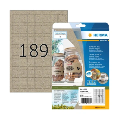 Image of HERMA 10750 Universal Grass Paper Labels, 20 Sheets, 25.4 x 10 mm, 189 per A4 Sheet, 3780 Pieces, Self Adhesive, Printable, Matt, Blank Silphie Adhesive Stickers, Natural Brown