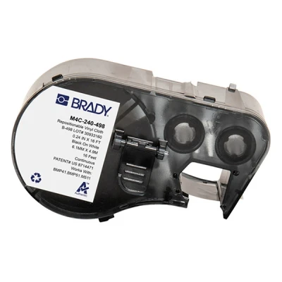 Image of Brady Repositionable Vinyl Cloth Label Tape for Printer BMP41/BMP51/BMP53/M511 Self Adhesive Labels Multi Purpose Black on White (6.10 mm x 4.88 m) M4C 240 498