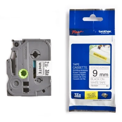 Image of Brother TZe S221 Labelling Tape Cassette, Black on White, 9mm (W) x 8M (L), Strong Adhesive, Genuine Supplies