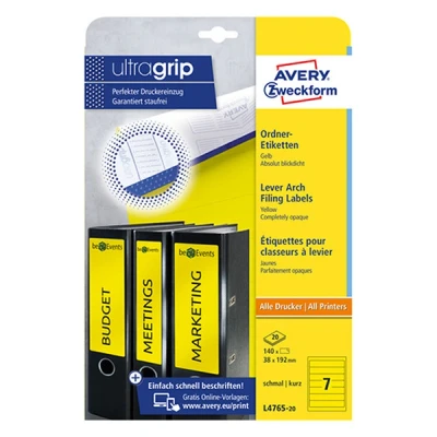 Image of Avery Zweckform, L4765 20, Filing Labels, 20 Sheets, for Slim Ring Binders, like Leitz, Elba, Esselte, Mehle, Herlitz, Bene, 192 x 38 mm