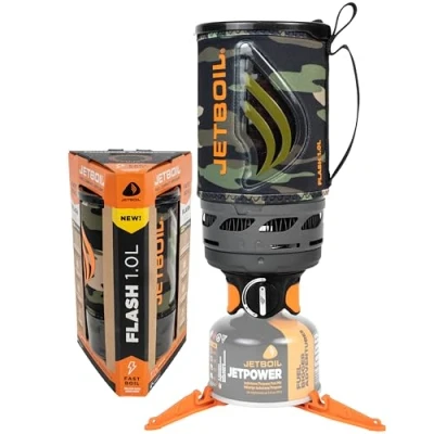 Image of Jetboil Flash 1.0L Portable Fast Boil Stove for Camping and Backpacking with 1 Step Auto Ignition, New 2025, Propane/Isobutane Burner Cooking Cup, Dark Camo