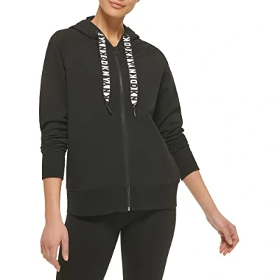 Image of DKNY TWO TONE LOGO Drawcord ZIP Hoodie Zipup sweatshirt, Women&#039;s, Size: Medium, Black