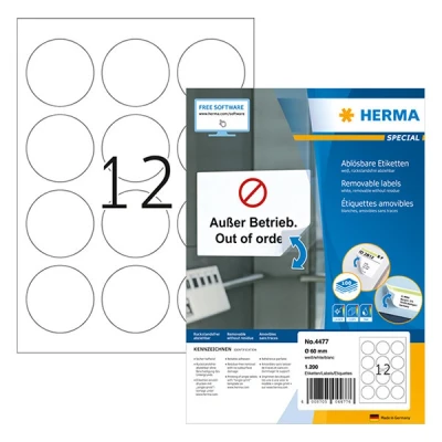Image of HERMA 4477 Universal Labels Removable Round 100 Sheets Diameter 60 mm 12 per A4 Sheet Pack of 1200 Self Adhesive Printable Matt Blank Paper Stickers White