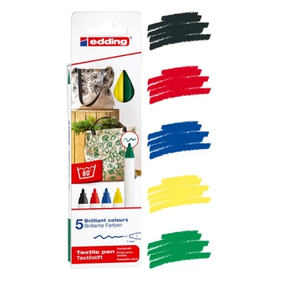 Image of edding 4600 textile pen black, red, blue, green, yellow set of 5 round nib 1 mm permanent fabric pens for drawing on textiles, wash resistant up to 60 C