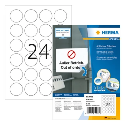 Image of HERMA Self Adhesive Removable Round Labels, 24 Labels per A4 Sheet, 100 Sheets, Ø 40 mm, 2400 Blank Multipurpose Stickers, Sticky Dots for Laser &amp; Inkjet Printer, White