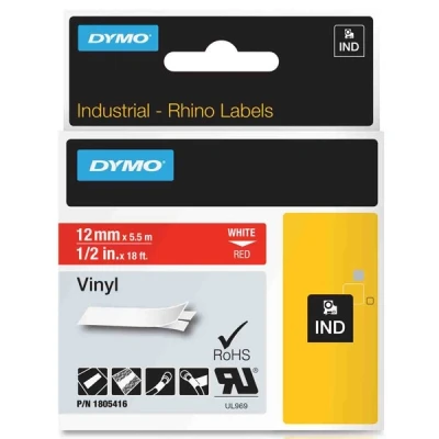 Image of DYMO Rhino Industrial Vinyl Labels 12mm x 5.5m White on Red Self Adhesive Label Tape for and LabelManager Maker