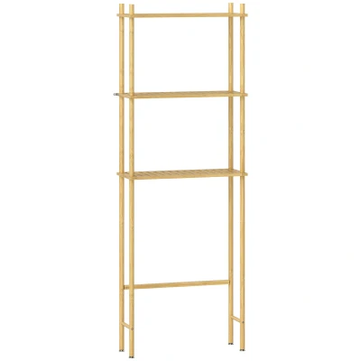 Image of HOMCOM Bamboo Over Toilet Storage Unit with 3 Slatted Shelves, Tier Freestanding Bathroom Shelf, Space Saver, Natural Wood Finish