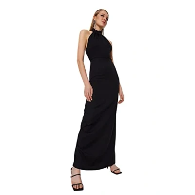 Image of Trendyol Women&#039;s Woven Maxi Shift Fitted Knit Evening Dress, Black, 12