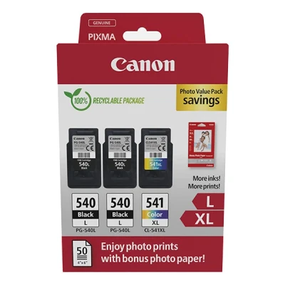 Image of Canon PG 540L x 2 / CL 541XL High Yield Genuine Ink Cartridges, Pack of 3 (2 Black, 1 Colour); Includes 50 sheets 4x6 Photo Paper Cardboard Multipack