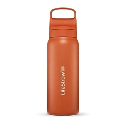 Image of LifeStraw Go Series — Insulated Stainless Steel Water Filter Bottle for Travel and Everyday Use Removes Bacteria, Parasites Microplastics, Improves Taste, 24oz Kyoto Orange