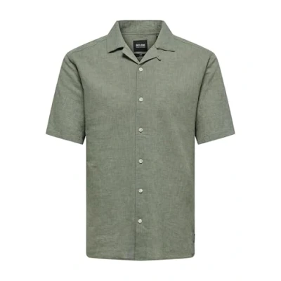 Image of Only &amp; Sons Men&#039;s Onscaiden Ss Solid Resort Linen Noos Short Sleeved Shirt, Swamp, M