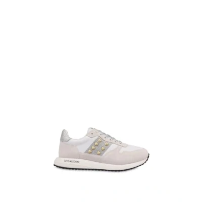 Image of Love Moschino DUNE Trainers, Women&#039;s, Size: 4, Bianco/argento leather and imitation