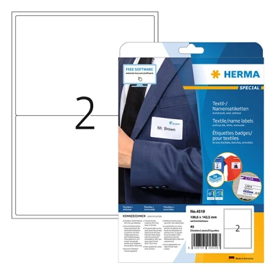 Image of HERMA Self Adhesive Clothing Labels, 2 Labels per A4 Sheet, 20 Sheets, 199.6 x 143.5 mm, 40 Blank Removable Name Stickers, Sticky Textile for Laser &amp; Inkjet Printer, White