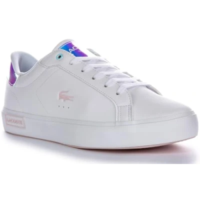 Image of Lacoste Powercourt Junior LACE Holographic Unisex Trainers for kids, Size: 2.5, White/light pink High quality imitation leather