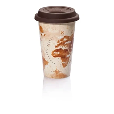 Image of De&#039;Longhi Hot Coffee Travel Mug Ceramic Thermal Double Wall + Silicone Lid, 10 oz, Adventurer Theme