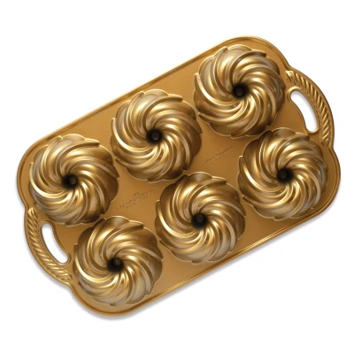 Image of Nordic Ware Baking Mould Swirl Bundtette Gold 6 Pieces