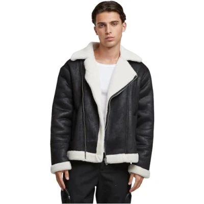 Image of Urban Classics Shearling Biker Winter jacket, Men&#039;s, Size: Small, Black whitesand