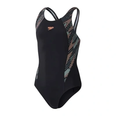 Image of Speedo Girls Hyperboom Splice Muscleback Swimsuit for kids, Size: 5 6y, Black/country green/nectarine