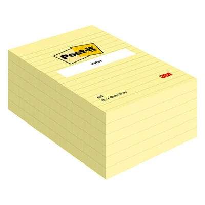 Image of Post it Large Notes, Canary Yellow, Lined, 6 Pads, 101 mm x 152 mm, 100 Sheets per Pad Extra Sticky Notes for Walls, Monitors and Fridge
