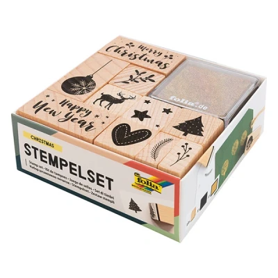 Image of folia 31108 Wooden Stamp Set Christmas Includes 10 Stamps and 2 Ink Pads Ideal for Decorating Cards, Friendship Books, Lettering Scrapbooking