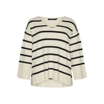 Image of VERO MODA CURVE Women&#039;s Vmcsaba Ls V Neck Pullover Ga Noos Cur Sweater, Birch/Stripes: Black, 20 22