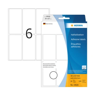 Image of HERMA Removable Labels, 6 Labels per Sheet, 24 Sheets, 34 x 67 mm, 144 Self Adhesive Large Stickers, Blank Sticky Multi Purpose for Office Kitchen Home, White