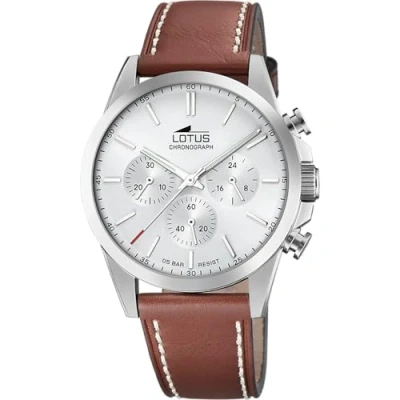 Image of Lotus Men&#039;s Watch 18990/1 Chrono Silver Stainless Steel Case Brown Leather Strap, White, Strap.
