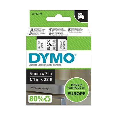 Image of DYMO Authentic D1 Labels Black Print on Clear Tape 6 mm x 7 m Self Adhesive for LabelManager Label Makers Made in Europe
