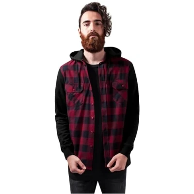 Image of Urban Classics Men&#039;s Hooded Checked Flanell Sweat Sleeve Shirt Leisure, Multicoloured Mehrfarbig (Blk/Burgundy/Blk 798), S