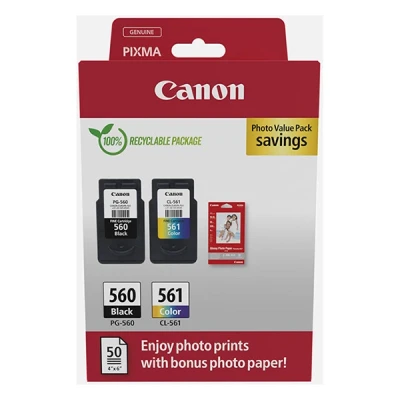 Image of Canon PG 560 / CL 561 Genuine Ink Cartridges, Pack of 2 (1 x Black, 1 Colour); Includes 50 sheets 4x6 Photo Paper Cardboard Multipack