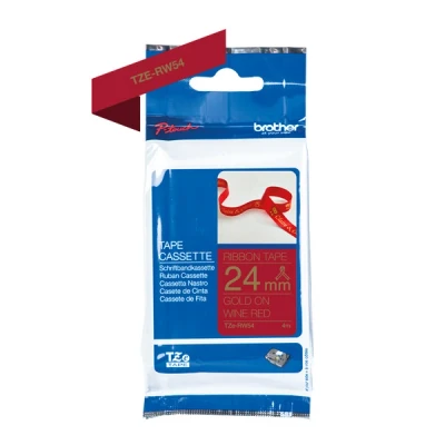 Image of Original Brother Textiles Label Tape TZe RW54 Gold on Wine red, 24 mm Wide, 4 m Long (for P Touch H200, H100LB/R, H105, E100/VP, D200/BW/VP, D210/VP, Cube, Cube Plus)