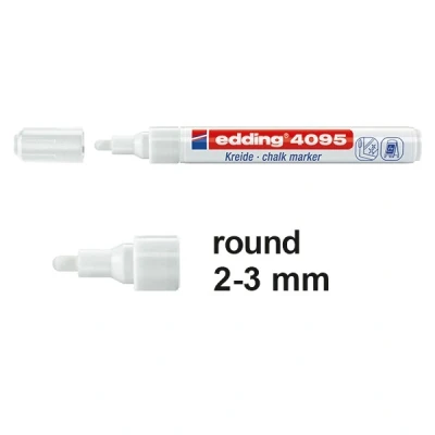 Image of edding 4095 chalk marker white 1 pen round nib 2 3 mm medium wet wipe for chalkboards, windows, glass, mirrors liquid pens opaque coverage
