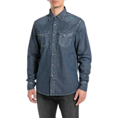 Image of Replay Men&#039;s Long Sleeved Comfort Fit Denim Shirt, 007 Dark Blue, XL