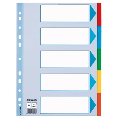 Image of Esselte A4 card File Dividers. 5 Parts Coloured Folder Dividers with identification front sheet, for Ring Binders and Lever Arch Files. Made from durable, recycled