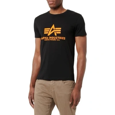 Image of Alpha Industries Print Tshirt, Men&#039;s, Size: Small, Black /neon orange
