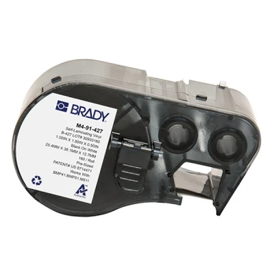 Image of Brady Self Laminating Vinyl Pre Sized Labels for Label Printer BMP41/BMP51/BMP53/M511 180 Adhesive Black on White, Transparent (25,40 mm (W) x 38,10 (H)) M4 91 427