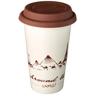 Image of De&#039;Longhi Hot Coffee Travel Mug Ceramic Thermal Double Wall + Silicone Lid, 10 oz, Globetrotter Theme
