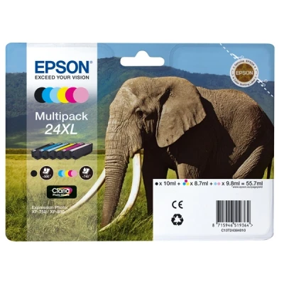 Image of Epson 24XL Elephant High Yield Genuine Multipack, 6 colours Claria Photo HD Ink Cartridges, Black/Yellow/Magenta/Cyan, XL Capacity