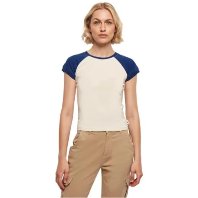 Image of Urban Classics Women&#039;s Ladies Organic Stretch Short Retro Baseball Tee T Shirt, Whitesand/Spaceblue, 5XL