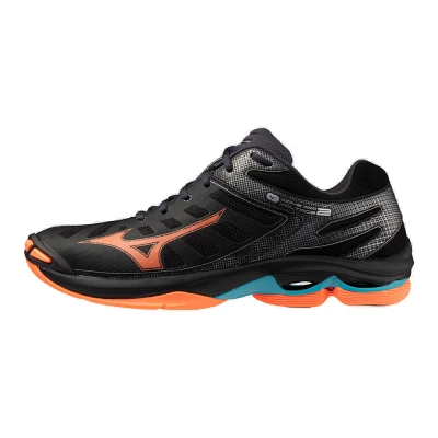 Image of Mizuno WAVE Voltage 2 Unisex Volleyball shoes, Size: 11.5, Black/neon flame/peacock blue Textile/synthetics