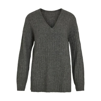 Image of Vila Women&#039;s Vimiraz L/S Rev V Neck Knit Pullover/Bf Sweater, Medium Grey Melange, M